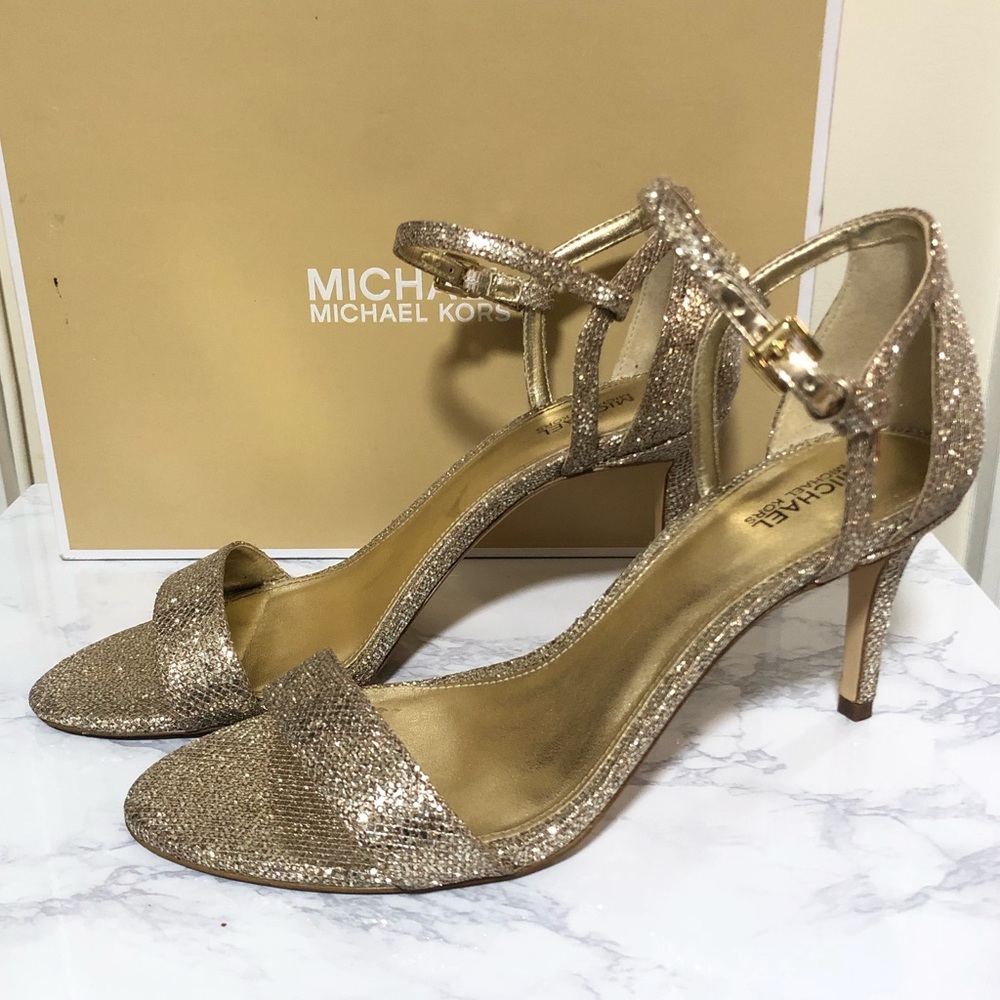Michael Kors Simone Mid Sandal Heels Gold Glitter
